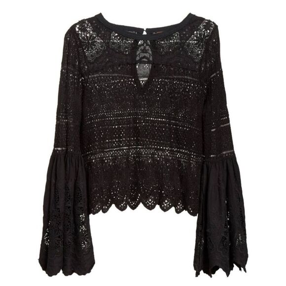 Free People|Once Upon-A-Time Black Bell Sleeve Lace Top, XS - Picture 3 of 10